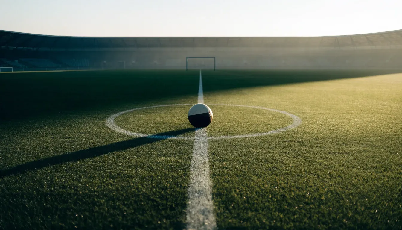 Ein Fußball liegt auf dem Mittelkreis eines leeren Rasenplatzes am frühen Morgen, im Hintergrund eine ferne Tribüne im Dunst.