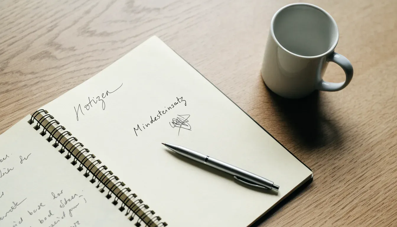 Ein Notizbuch mit handschriftlichen Notizen und ein Kugelschreiber liegen auf einem Schreibtisch neben einer Tasse, Blick schräg von oben.