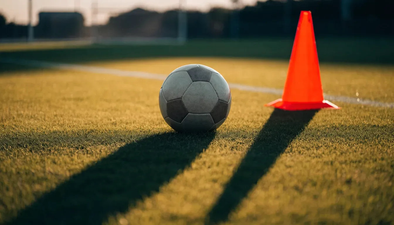 Ein Fußball liegt auf einem Trainingsplatz neben einem orangen Hütchen, Abendlicht fällt flach über den Rasen.