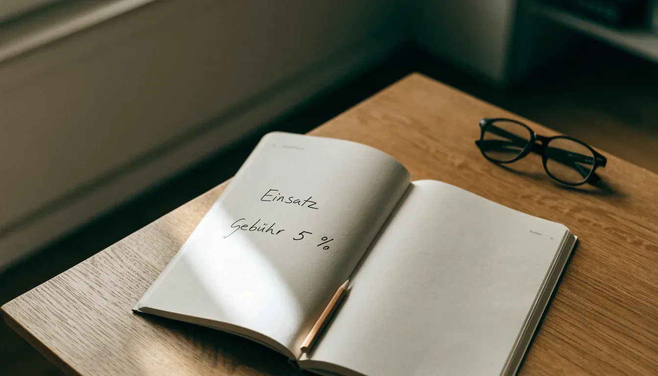 Ein aufgeschlagenes Notizbuch mit handschriftlichen Notizen liegt neben einem Bleistift auf einem Schreibtisch, daneben eine Brille.