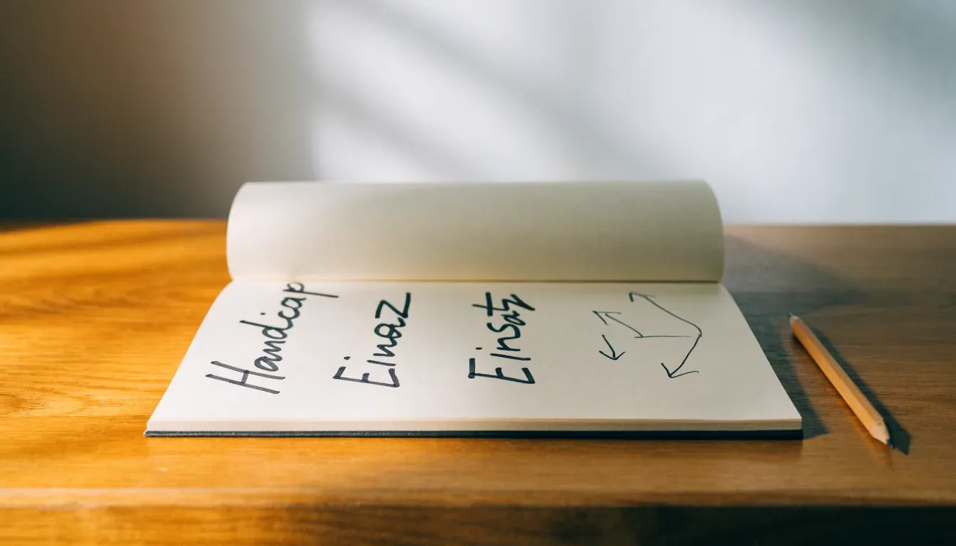 Ein aufgeschlagenes Notizbuch mit handschriftlichen Skizzen und Pfeilen liegt neben einem Bleistift auf einem Holztisch, Tageslicht fällt von der Seite.