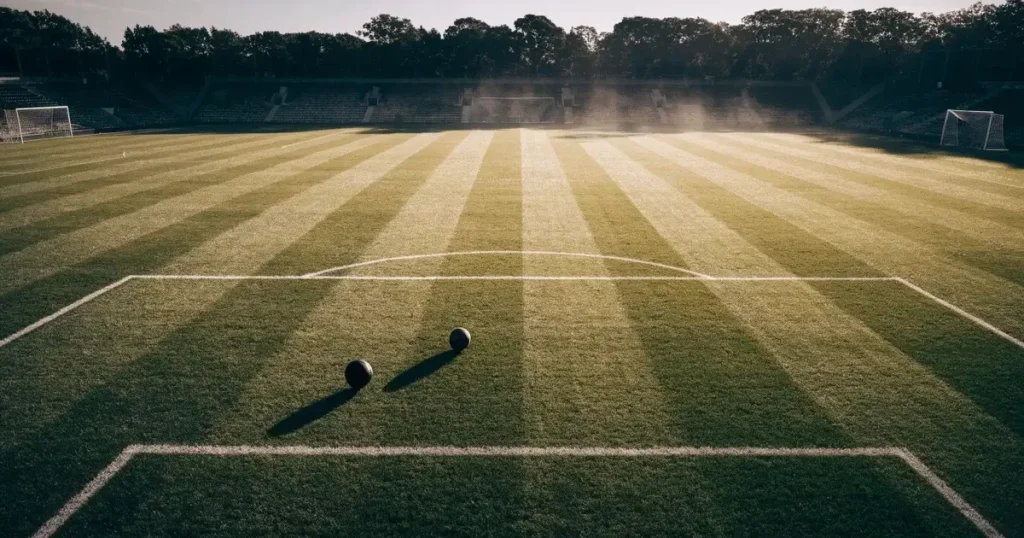 Ein Spielfeld aus der Vogelperspektive mit frisch gezogenen weißen Linien, ein einzelner Ball liegt im Strafraum, niemand ist zu sehen.