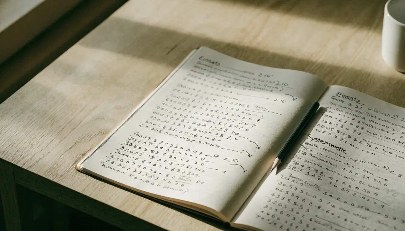 Ein aufgeschlagenes Notizbuch mit handschriftlichen Notizen und Pfeilen liegt neben einem Bleistift auf einem Holztisch, Tageslicht von links.
