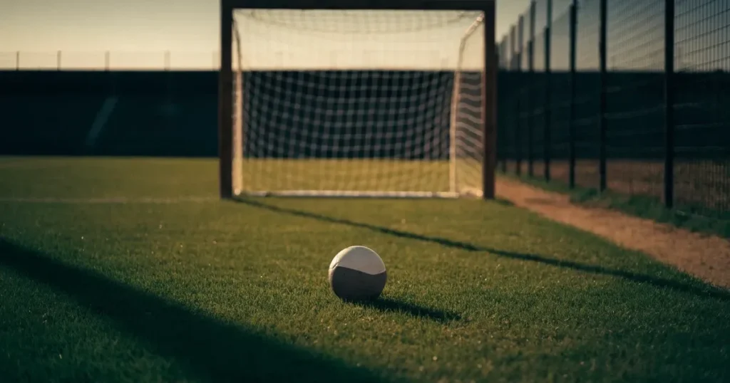 Ein Fußball liegt vor einem leeren Tor auf dem Rasen, das Netz hängt unbewegt, im Hintergrund ein verschwommener Zaun in warmem Abendlicht.