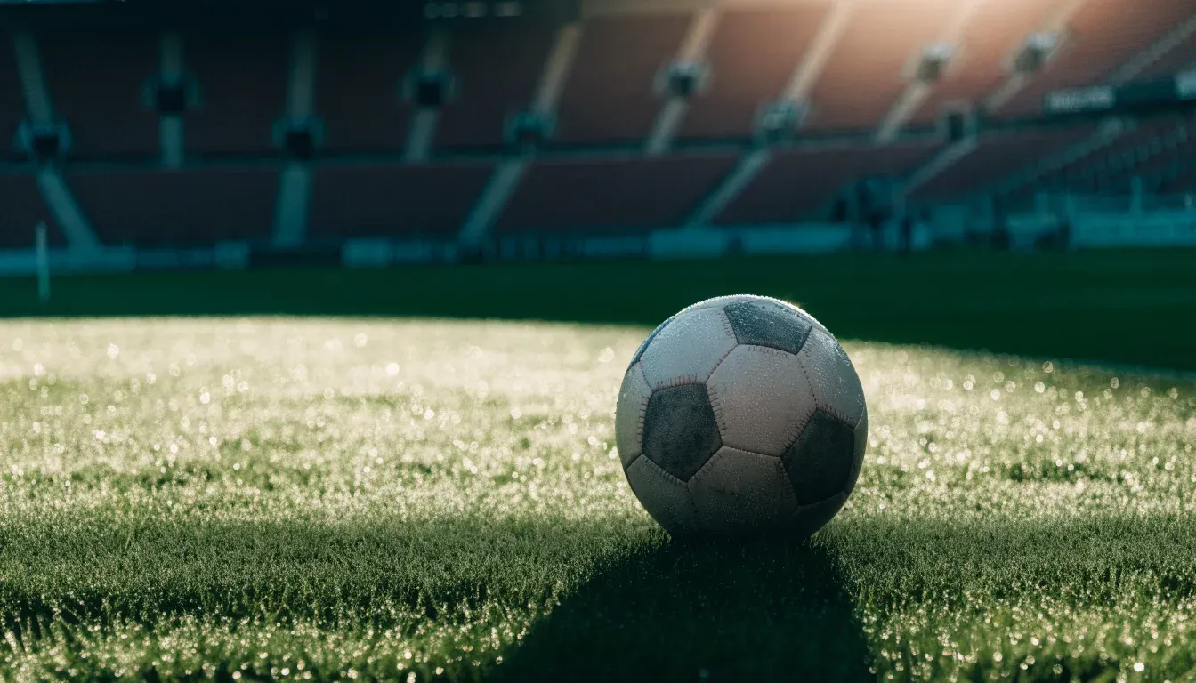 Ein Fußball liegt auf dem Rasen vor einer leeren Tribüne am frühen Morgen, Tau glänzt auf dem Gras.