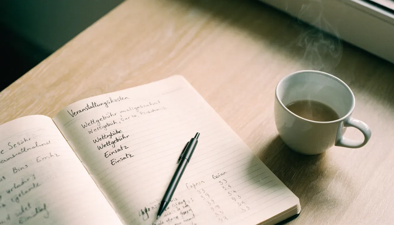 Ein Notizbuch mit handschriftlichen Notizen und ein Kugelschreiber liegen auf einem Schreibtisch neben einer Tasse, Blick schräg von oben.