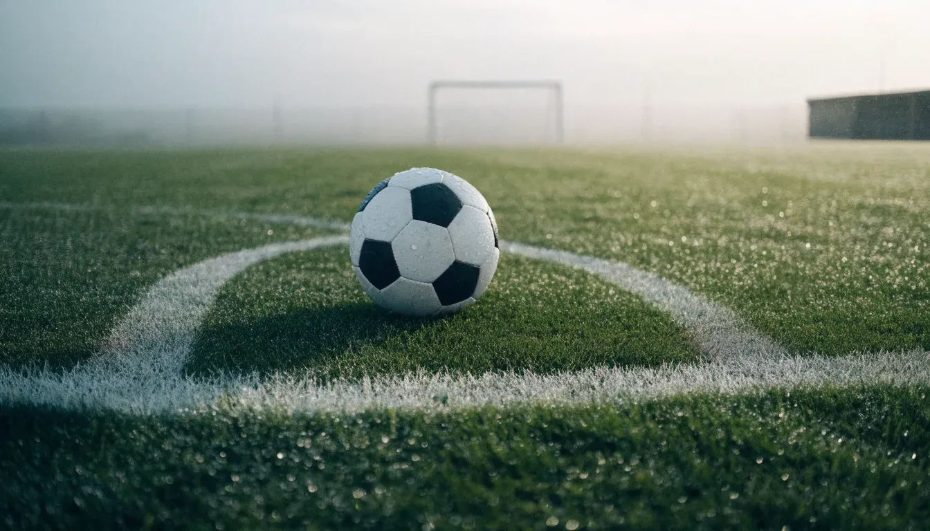 Ein Fußball liegt auf dem Anstoßpunkt eines leeren Rasenplatzes im Morgendunst, im Hintergrund eine ferne Tribüne.