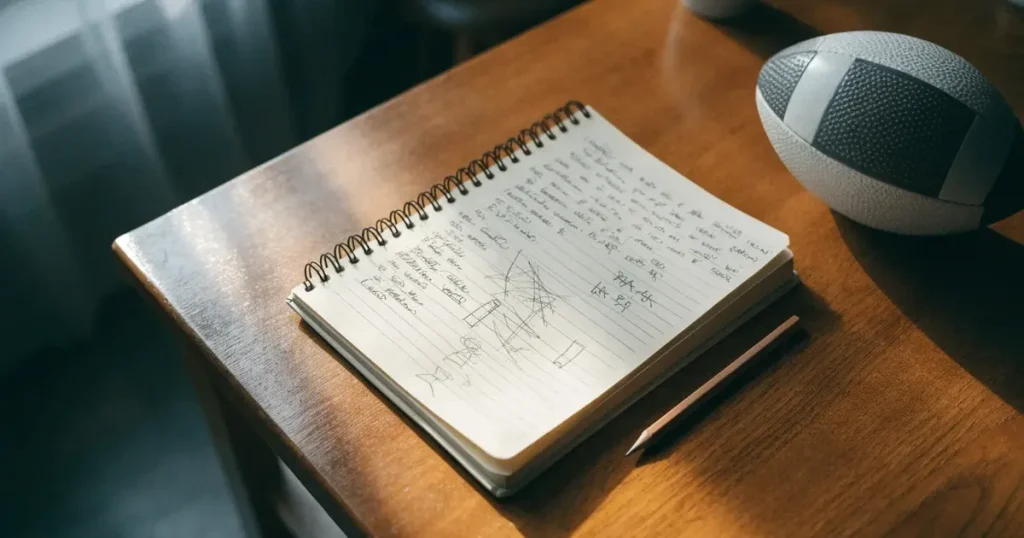 Ein Notizbuch mit handschriftlichen Notizen und kleinen Skizzen liegt aufgeschlagen neben einem Bleistift auf einem Schreibtisch, daneben ein Fußball.