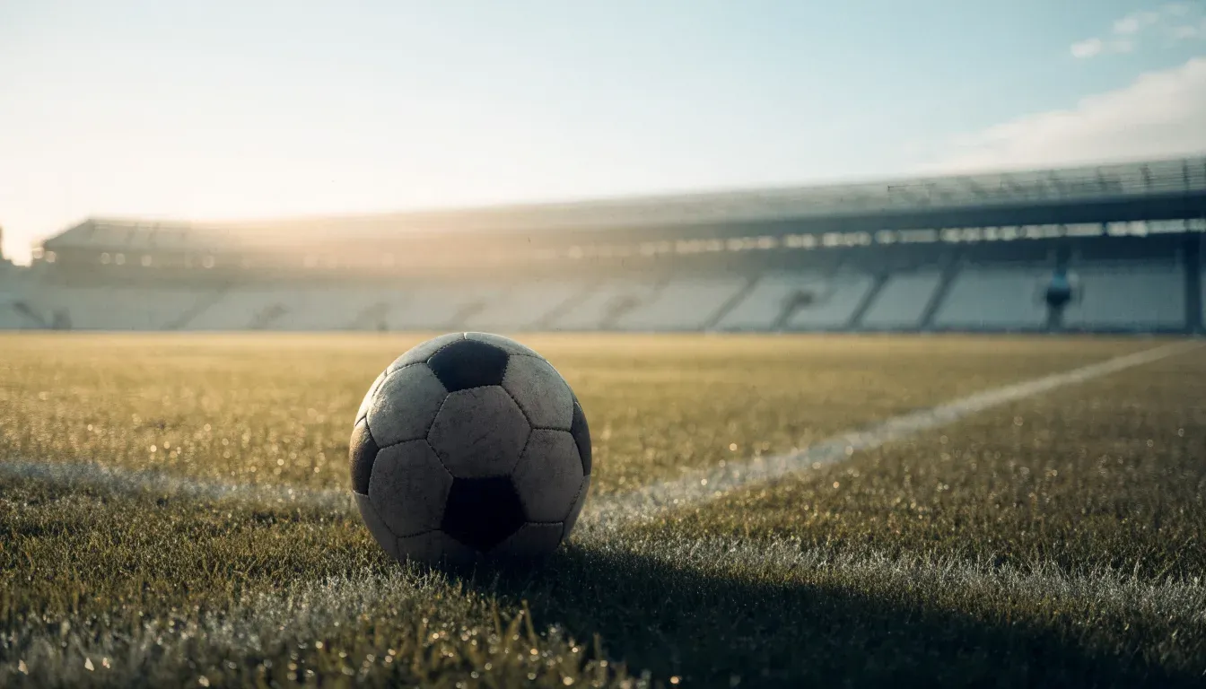 Ein Fußball liegt auf einem Rasenplatz, im Hintergrund eine ferne Tribüne im Morgendunst, Tau glänzt im Gras.
