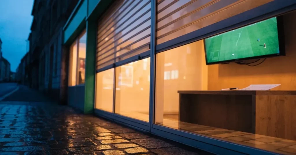 Ein hell erleuchtetes Ladenlokal ohne Beschriftung an einer Straßenecke bei Dämmerung, das Rollo ist halb geöffnet, niemand ist zu sehen.