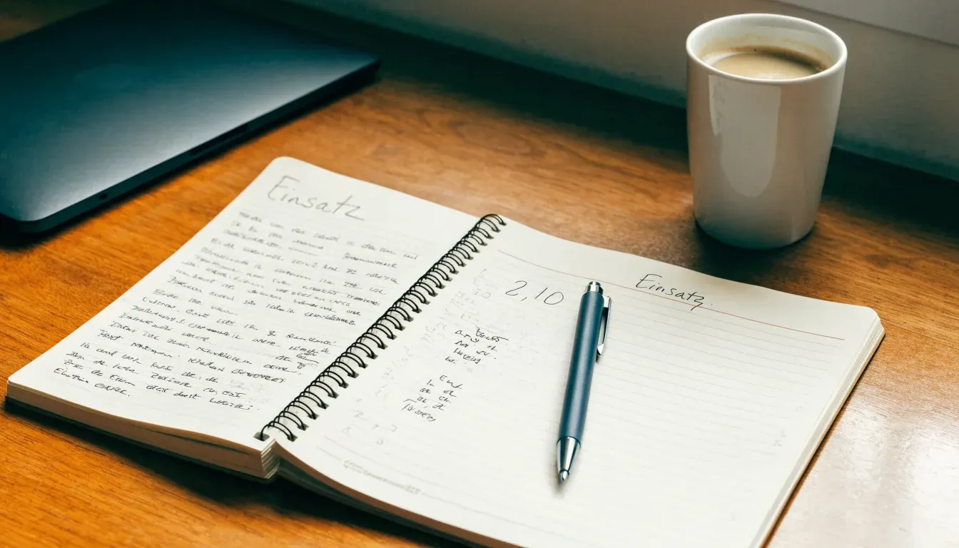 Ein Notizbuch mit handschriftlichen Notizen und ein Kugelschreiber liegen auf einem Schreibtisch neben einer Tasse, Blick schräg von oben.