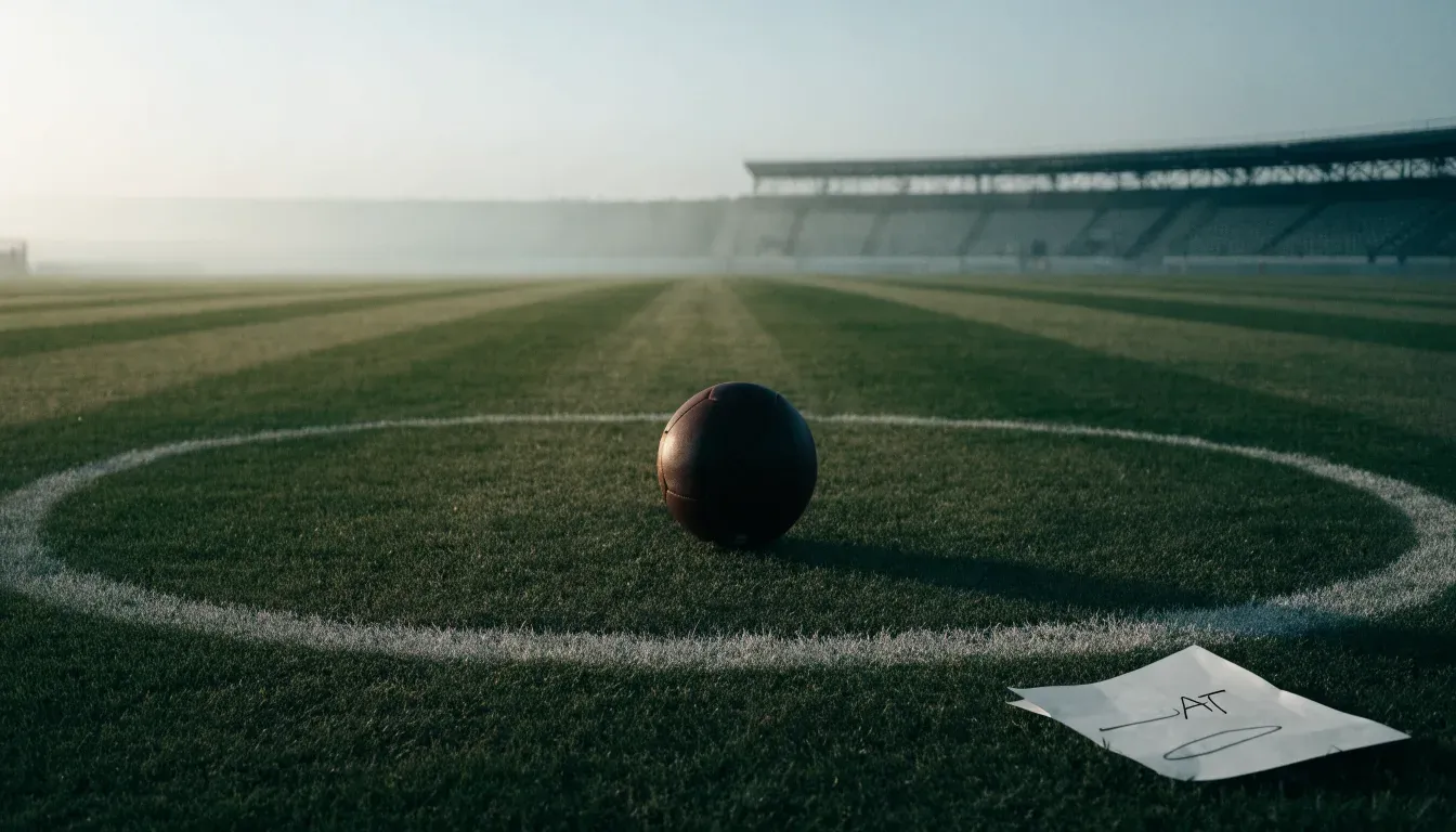 Ein Fußball liegt auf dem Mittelkreis eines leeren Rasenplatzes am frühen Morgen, im Hintergrund eine ferne Tribüne im Dunst.