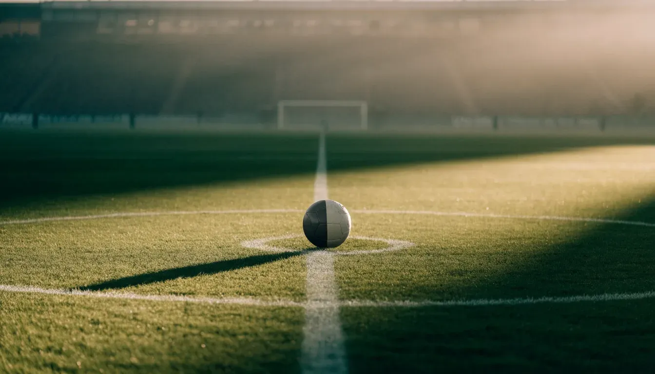 Ein Fußball liegt auf dem Mittelkreis eines leeren Rasenplatzes am frühen Morgen, im Hintergrund eine ferne Tribüne im Dunst.