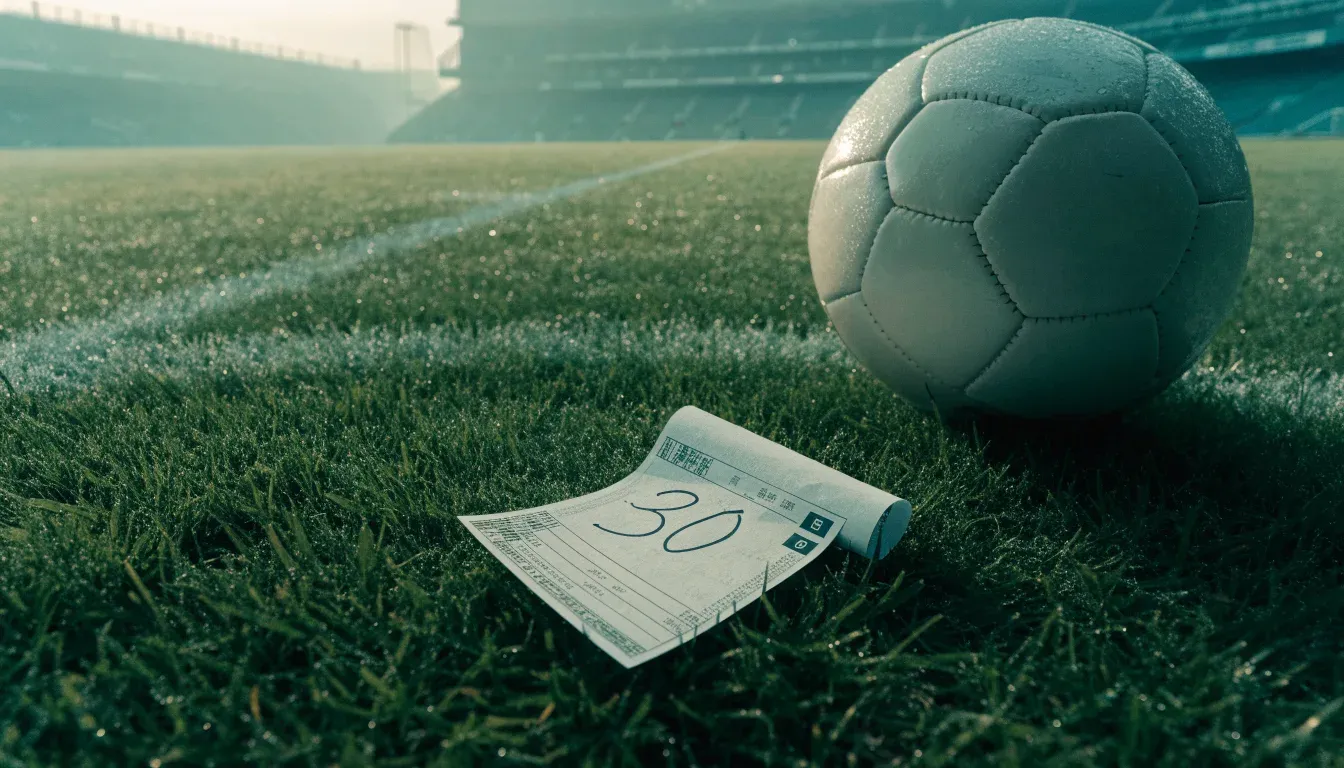 Ein Fußball liegt auf dem Mittelkreis eines leeren Rasenplatzes am frühen Morgen, im Hintergrund eine ferne Tribüne im Dunst.