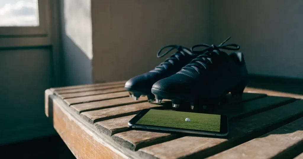 Ein Smartphone mit dunklem Display liegt auf einer Holzbank neben einem Paar Fußballschuhen, Morgenlicht fällt durch ein Fenster.