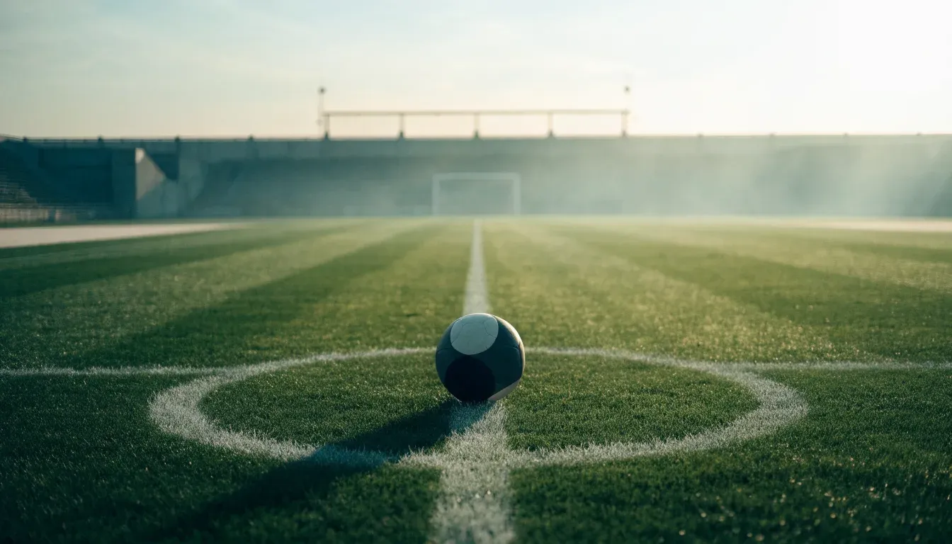 Ein Fußball liegt auf dem Mittelkreis eines leeren Rasenplatzes am frühen Morgen, im Hintergrund eine ferne Tribüne im Dunst.
