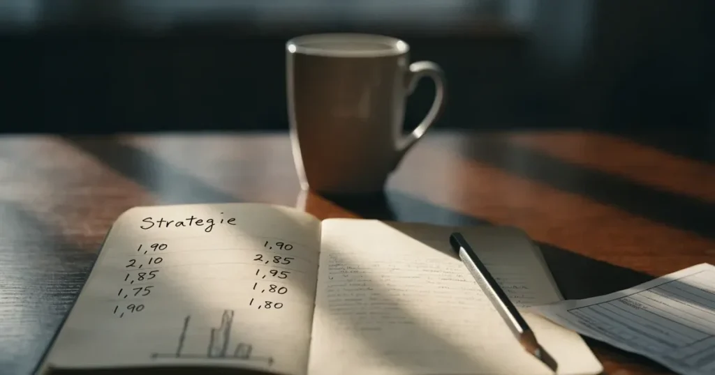 Ein Notizbuch mit handschriftlichen Notizen und kleinen Skizzen liegt aufgeschlagen neben einem Bleistift auf einem Schreibtisch, Fensterlicht von links.