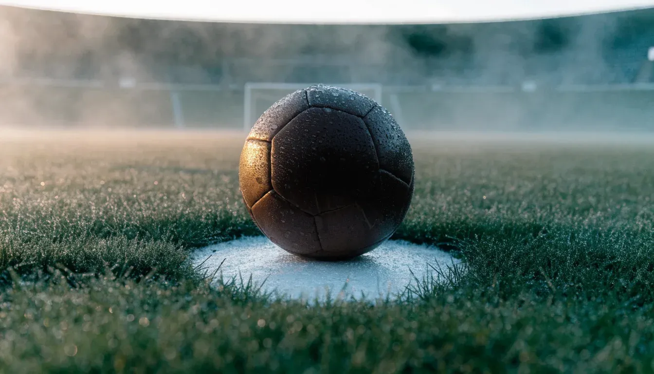 Ein Fußball liegt auf dem Anstoßpunkt eines leeren Rasenplatzes im Morgennebel, im Hintergrund verschwimmen die Tribünen.