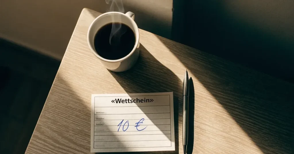 Ein leerer Wettschein aus Papier und ein Kugelschreiber liegen auf einem hellen Holztisch neben einer Kaffeetasse im warmen Seitenlicht.