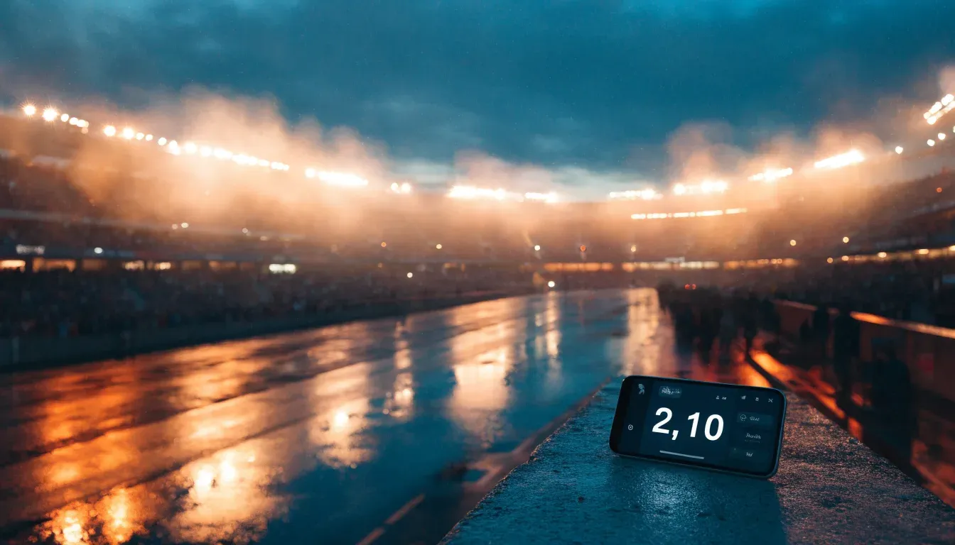 Ein Stadion unter Flutlicht aus großer Entfernung gesehen, davor eine nasse Straße in der Abenddämmerung.