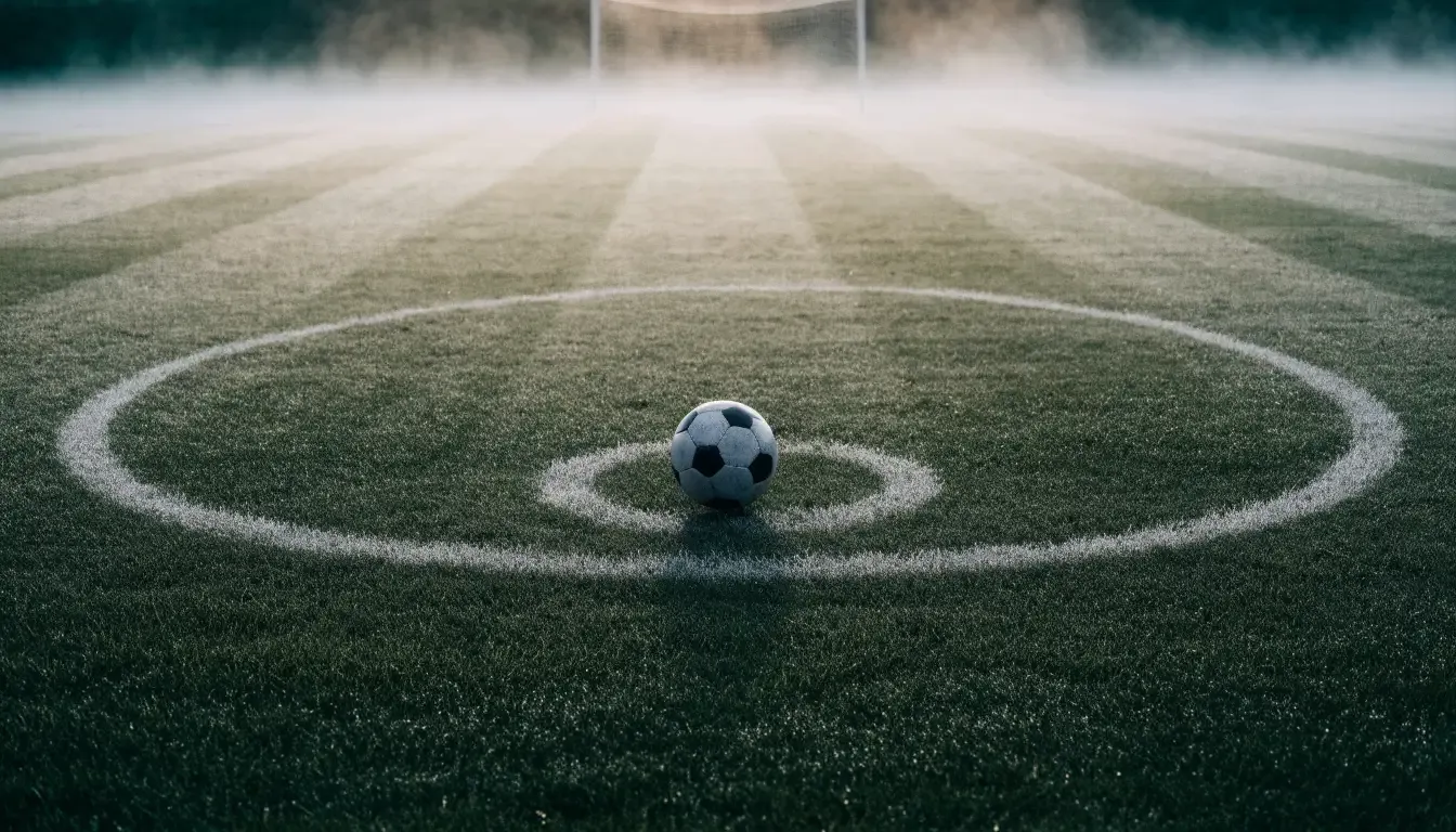 Ein Fußball liegt auf dem Anstoßpunkt eines leeren Rasenplatzes im Morgennebel.