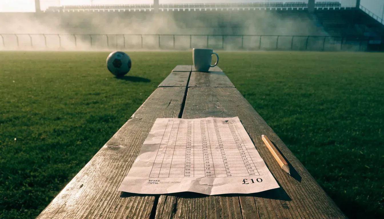 Ein Fußball liegt auf dem Rasen eines leeren Platzes im Morgennebel, im Hintergrund verschwimmen die Tribünen.