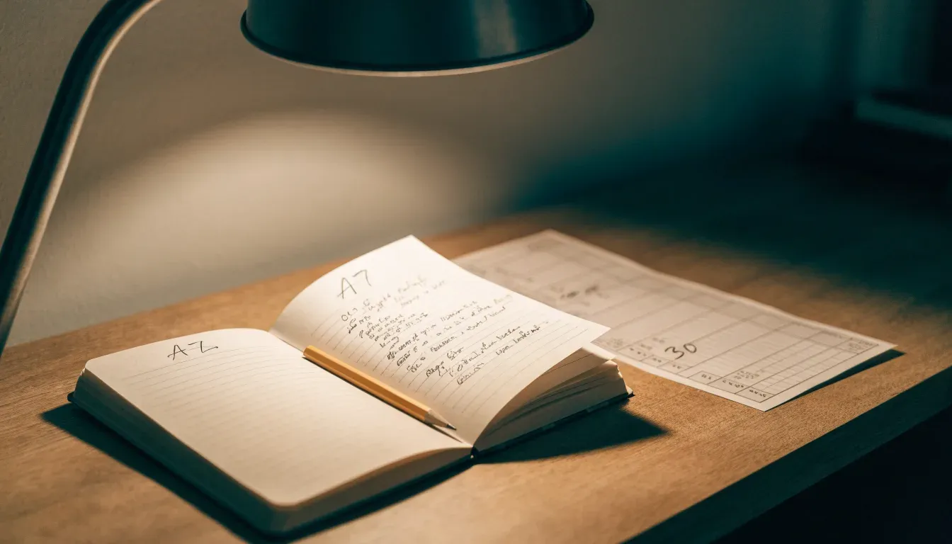 Ein aufgeschlagenes Notizbuch mit handschriftlichen Notizen und ein Bleistift liegen auf einem Schreibtisch im Licht einer Lampe.