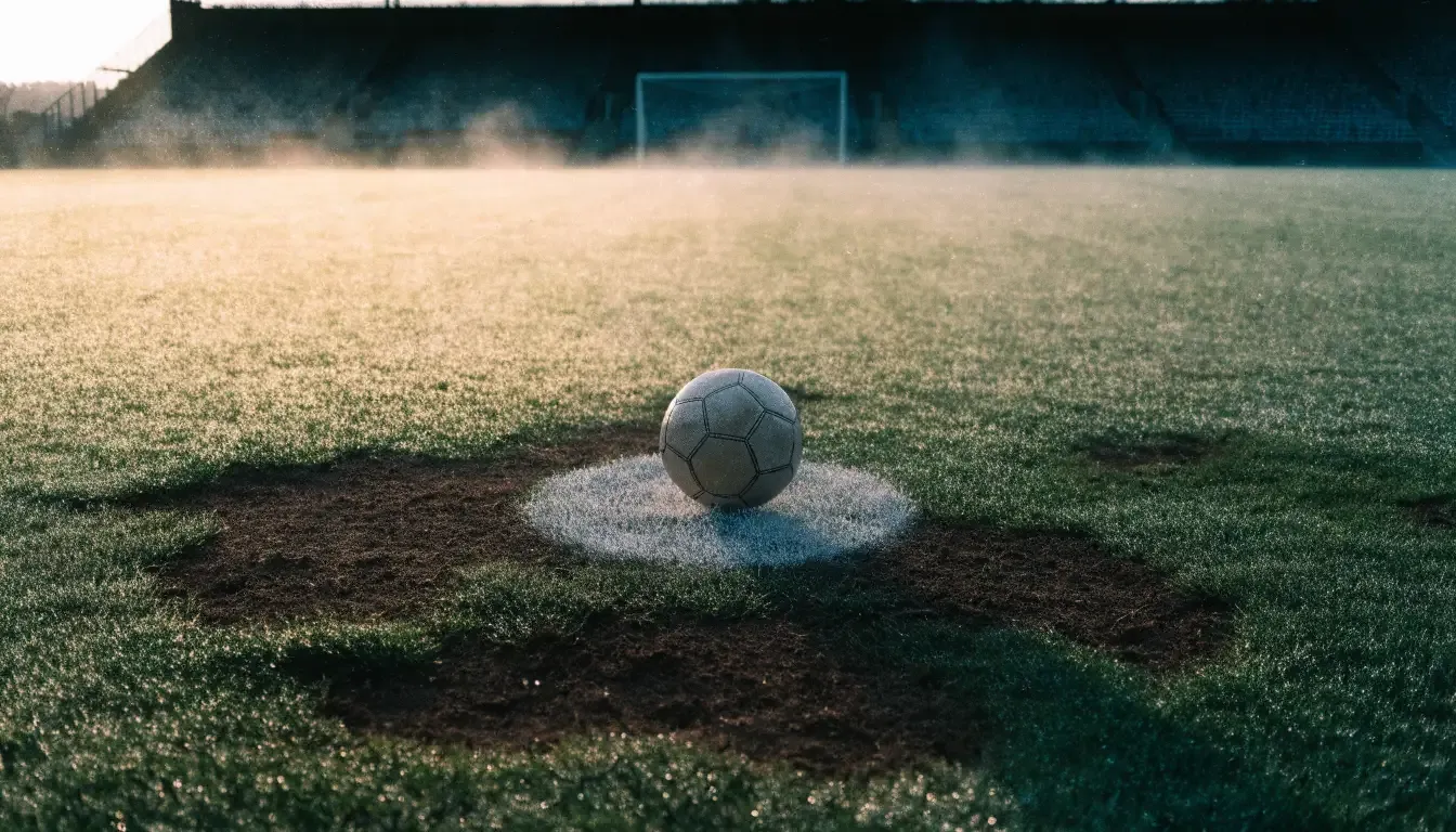Ein Fußball liegt auf dem Anstoßpunkt eines leeren Rasenplatzes im Morgennebel.