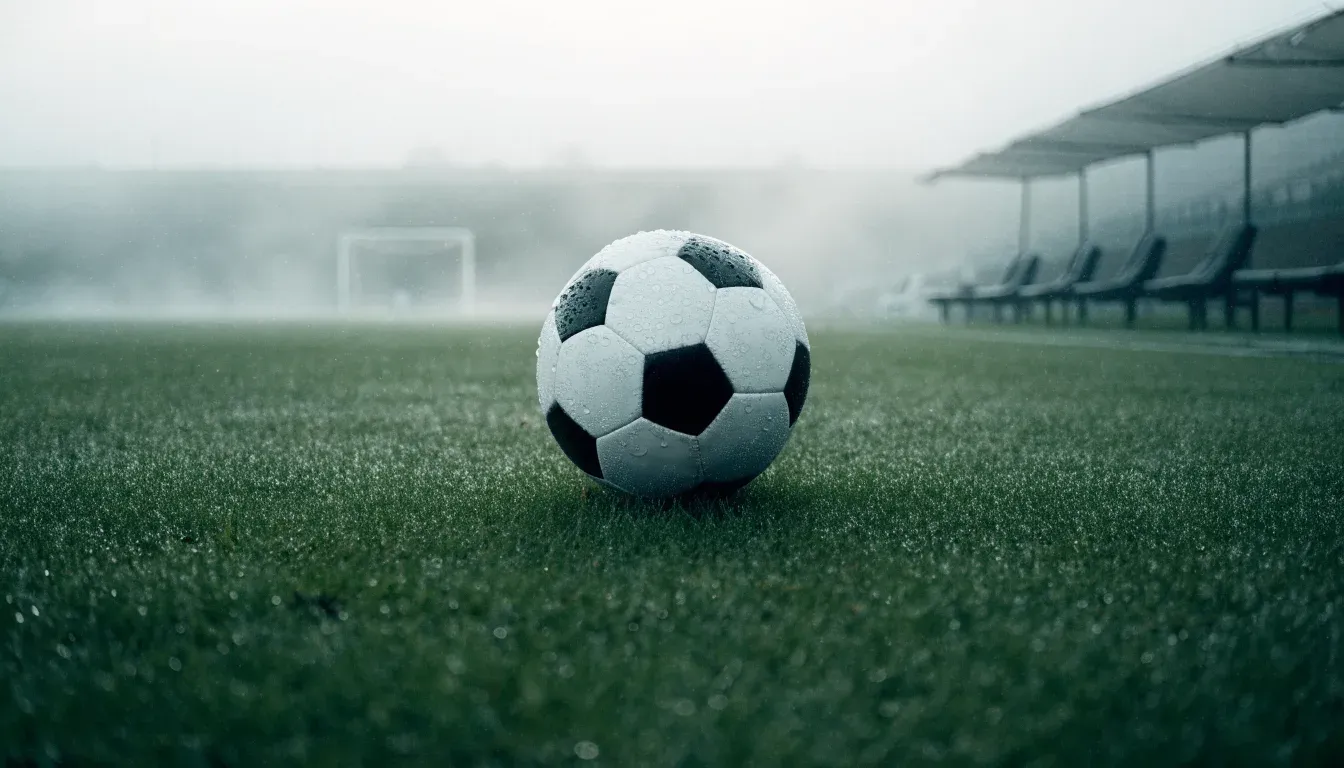 Ein Fußball liegt auf dem Rasen eines leeren Platzes im Morgennebel, am Rand stehen unbesetzte Ersatzbänke.