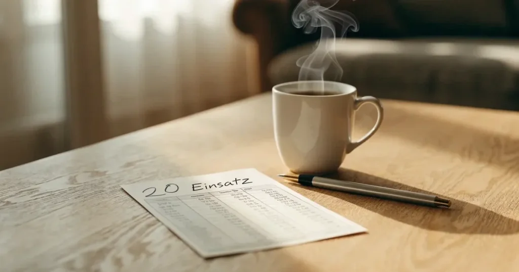 Ein leerer Wettschein aus Papier und ein Kugelschreiber liegen auf einem hellen Holztisch neben einer Kaffeetasse.