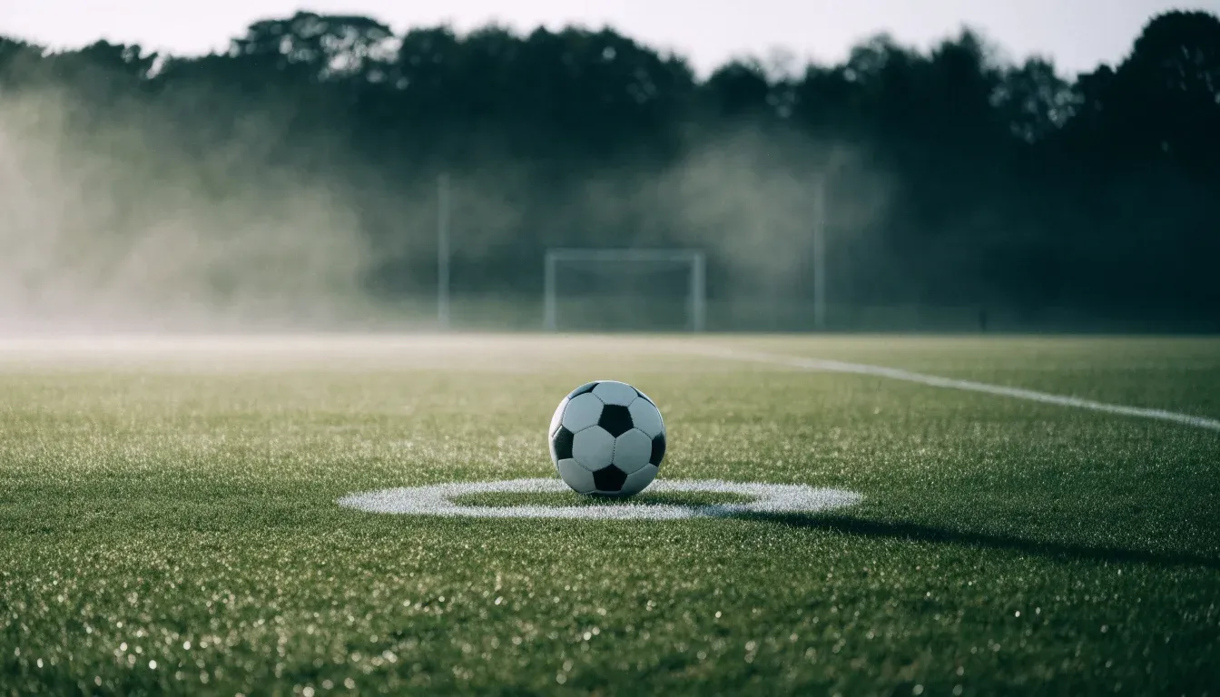 Ein Fußball liegt auf dem Anstoßpunkt eines leeren Rasenplatzes im Morgennebel.