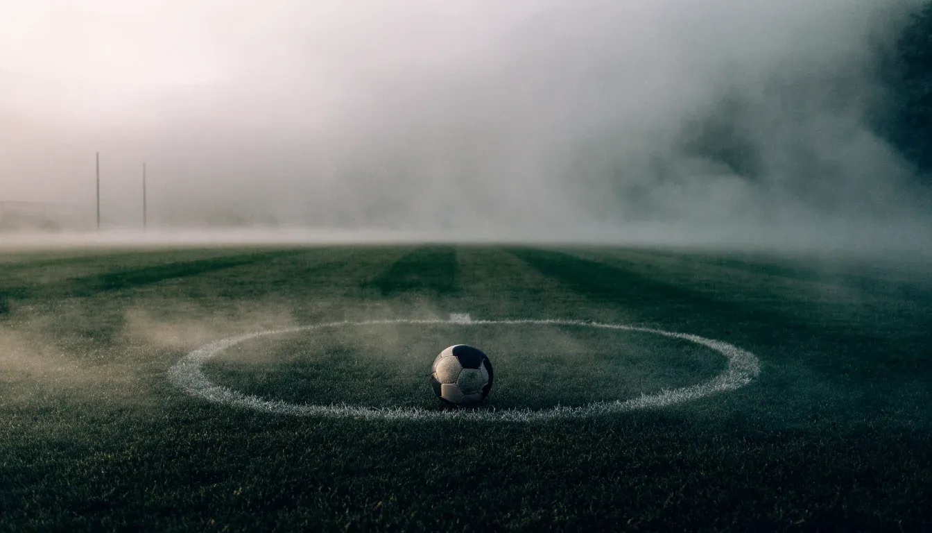 Ein Fußball liegt auf dem Anstoßpunkt eines leeren Rasenplatzes im Morgennebel.