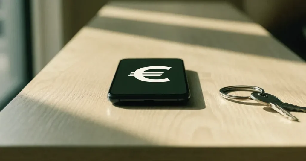 Ein Smartphone mit dunklem Display liegt auf einem hellen Tisch neben einem Schlüsselbund, Tageslicht fällt von der Seite ein.