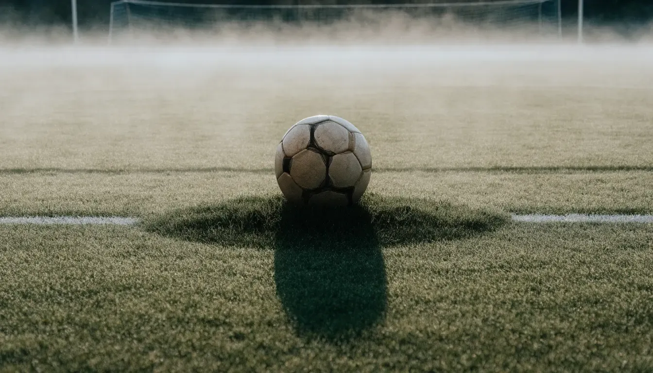 Ein Fußball liegt auf dem Anstoßpunkt eines leeren Rasenplatzes im Morgennebel.