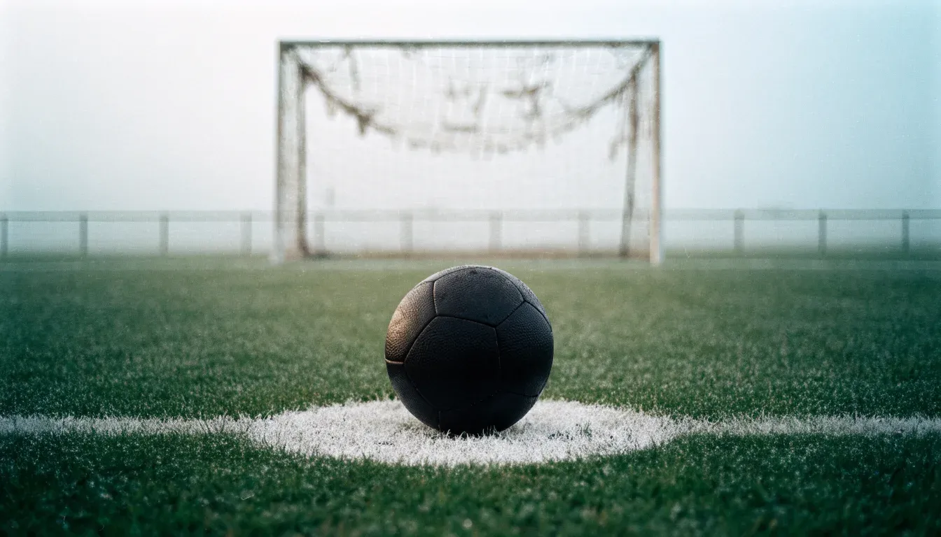 Ein Fußball liegt auf dem Anstoßpunkt eines leeren Rasenplatzes im Morgennebel.
