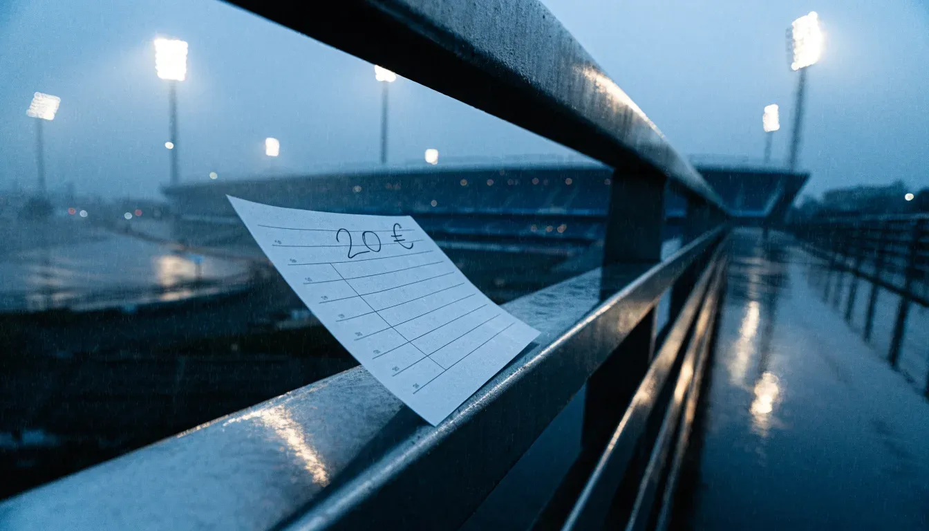 Ein Stadion unter Flutlicht aus großer Entfernung gesehen, davor eine regennasse Straße in der Dämmerung.