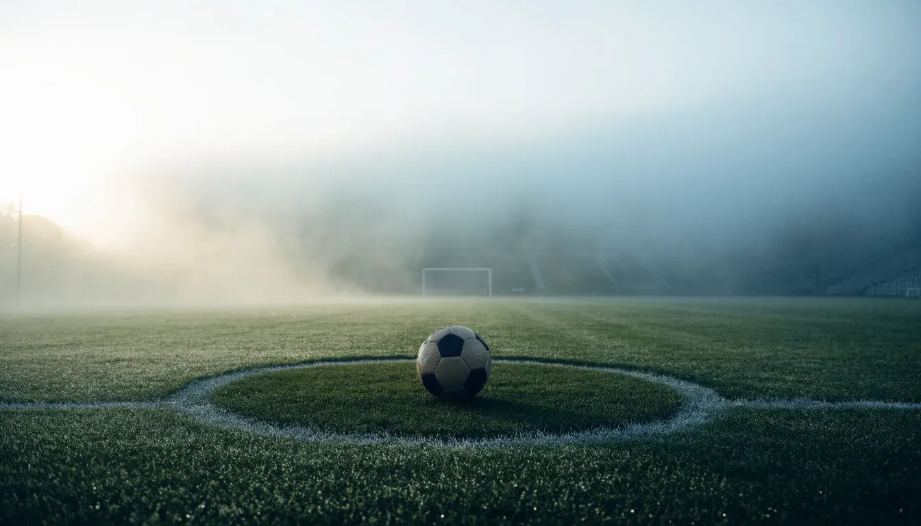 Ein Fußball liegt auf dem Anstoßpunkt eines leeren Rasenplatzes im Morgennebel.