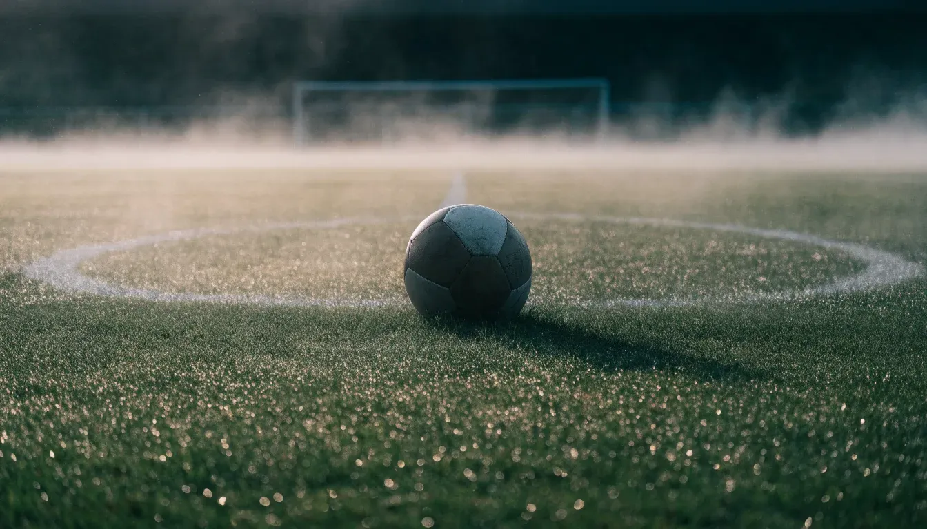 Ein Fußball liegt auf dem Anstoßpunkt eines leeren Rasenplatzes im Morgennebel.