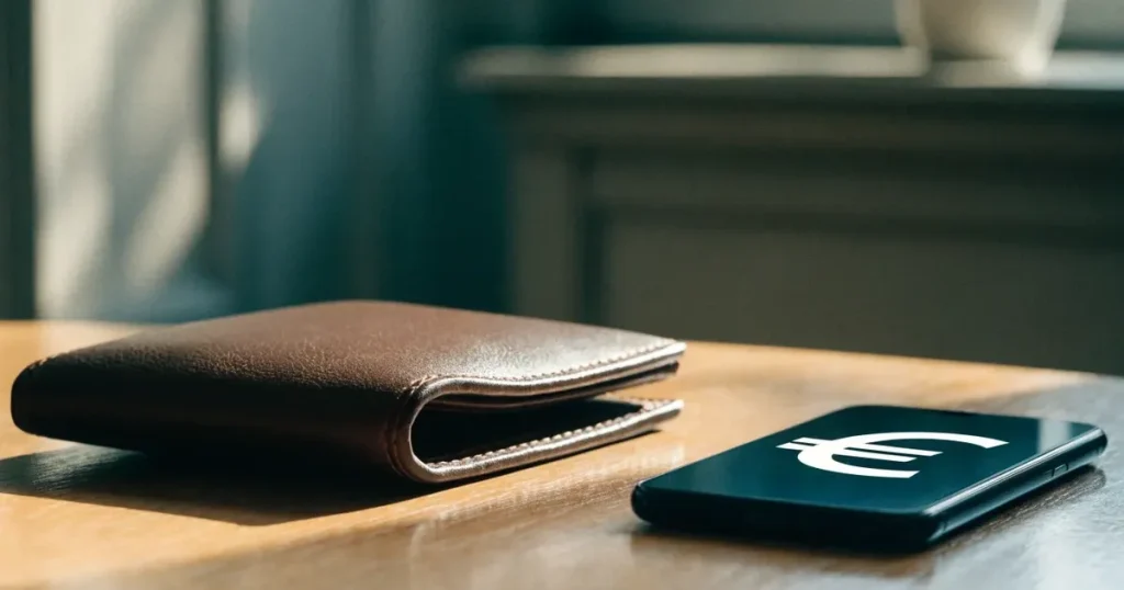 Ein Portemonnaie aus Leder liegt geschlossen auf einem hellen Holztisch neben einem Smartphone mit dunklem Display.