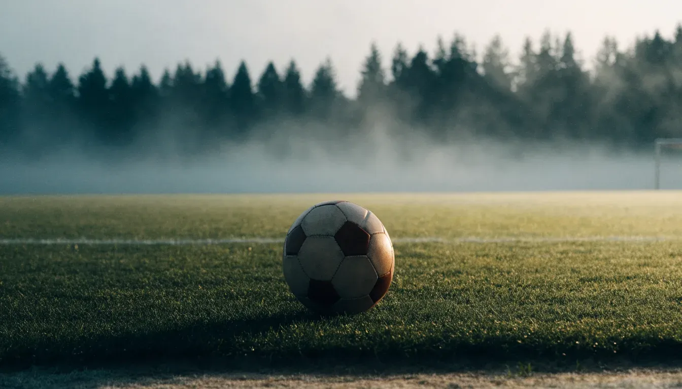 Ein Fußball liegt auf dem Anstoßpunkt eines leeren Rasenplatzes im Morgennebel.