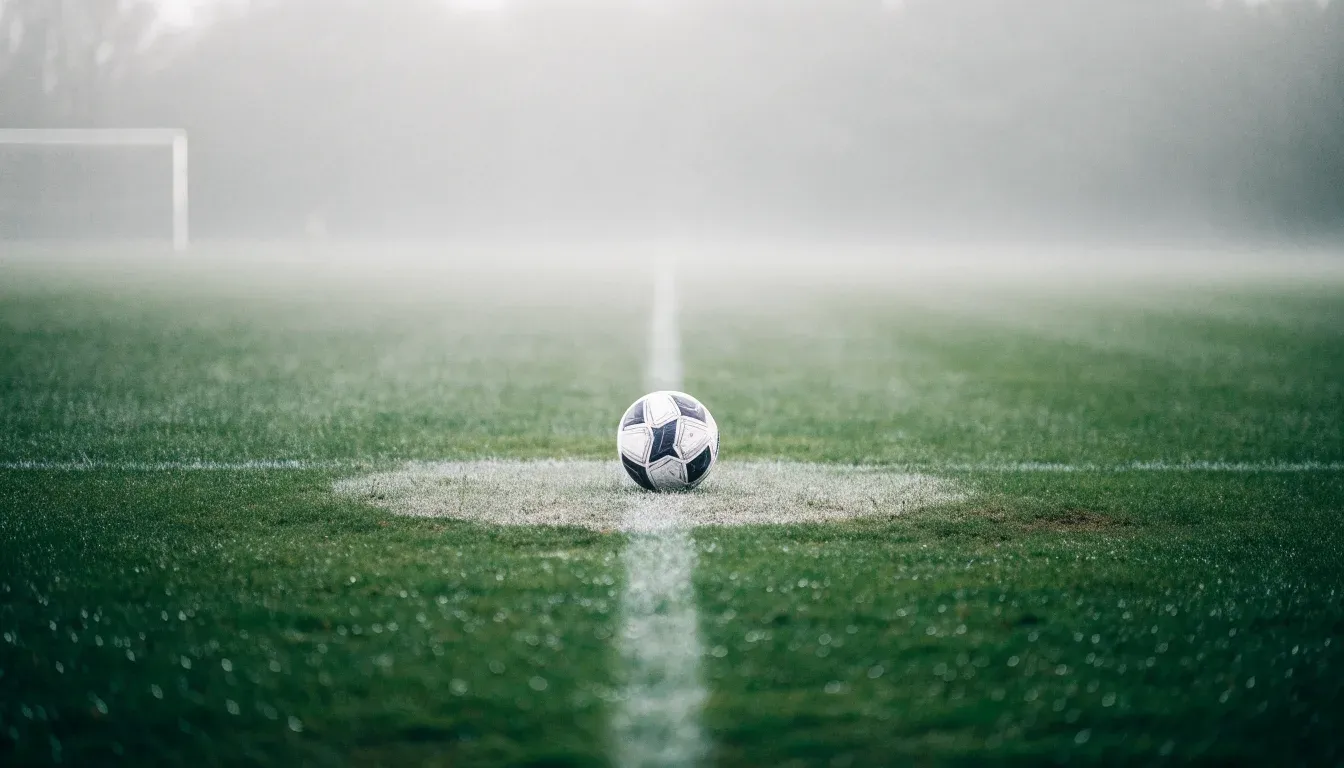 Ein Fußball liegt auf dem Anstoßpunkt eines leeren Rasenplatzes im Morgennebel.