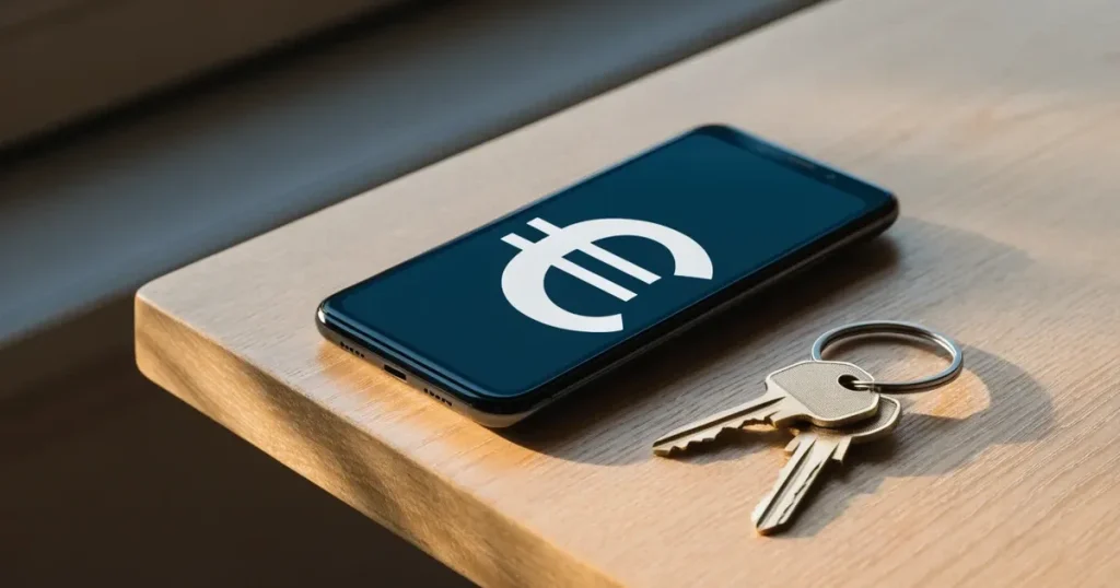 Ein Smartphone mit dunklem Display liegt auf einem hellen Tisch neben einem Schlüsselbund, Tageslicht fällt von der Seite ein.