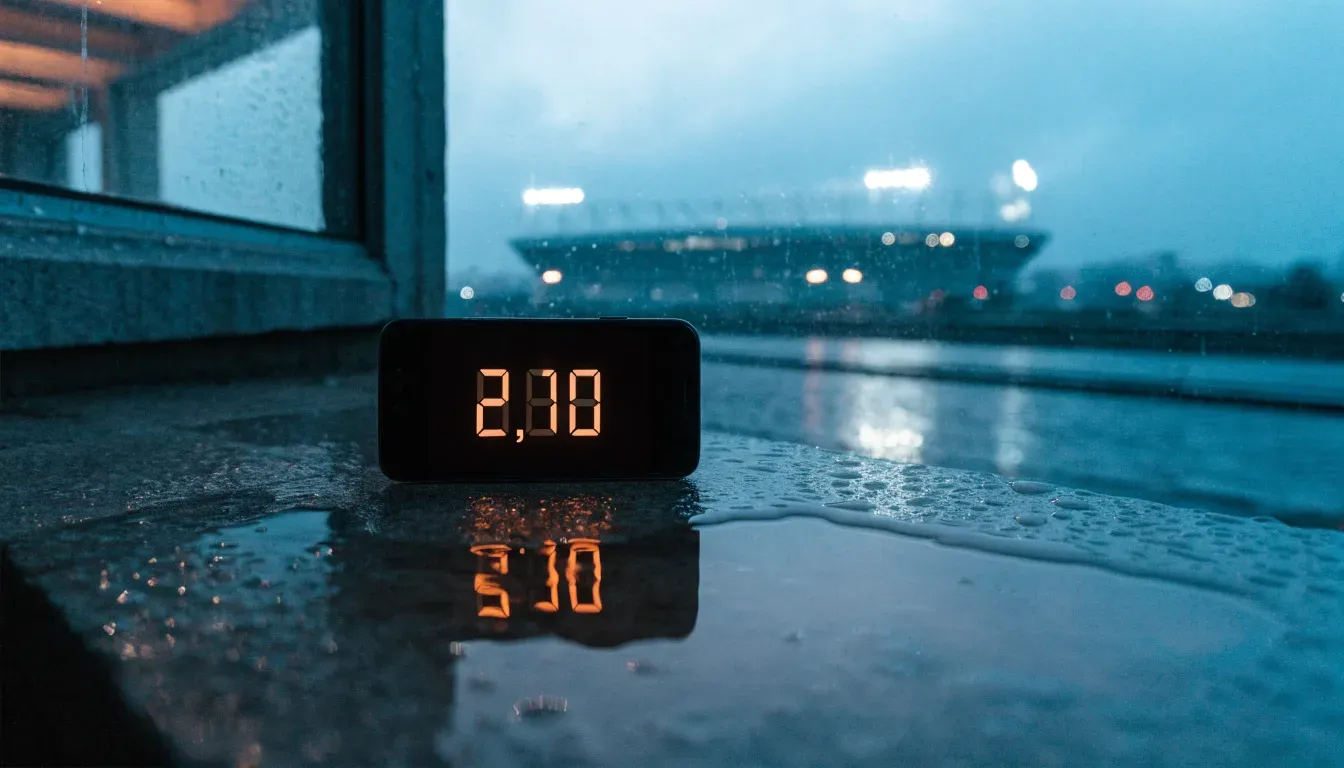 Ein Stadion unter Flutlicht aus großer Entfernung gesehen, davor eine regennasse Straße in der Dämmerung.