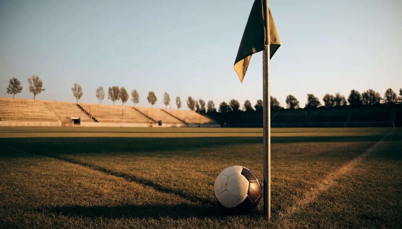 Ein Fußball liegt auf dem Rasen neben der Eckfahne eines leeren Platzes, dahinter eine Tribüne im Abendlicht.