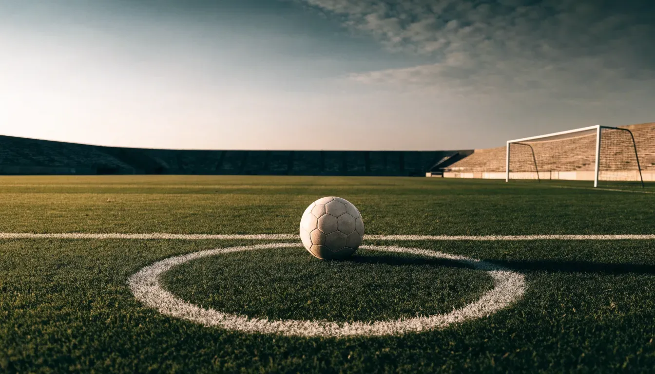 Ein Fußball liegt auf dem Anstoßpunkt eines leeren Rasenplatzes, im Hintergrund eine menschenleere Tribüne in weichem Licht.