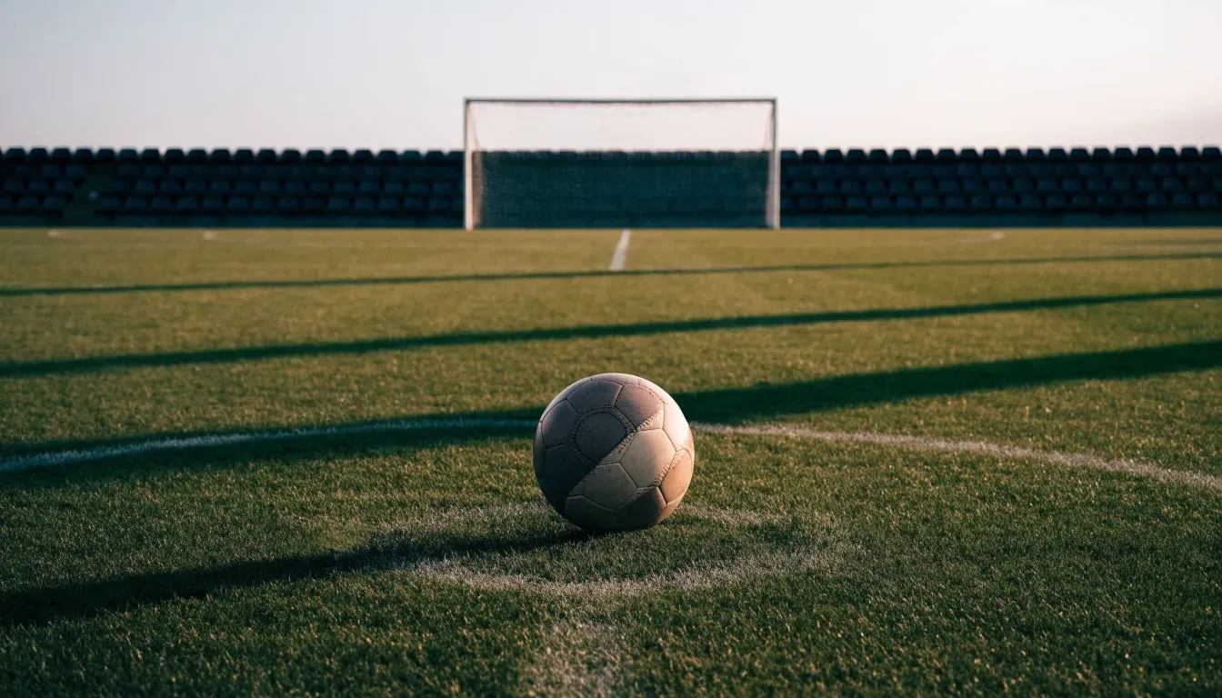Ein Fußball liegt auf dem Anstoßpunkt eines leeren Rasenplatzes, dahinter eine menschenleere Tribüne im weichen Abendlicht.