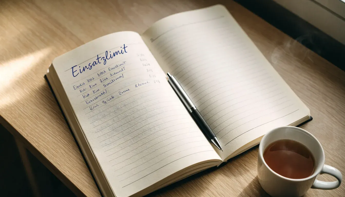Ein aufgeschlagenes Notizbuch mit handgeschriebenen Notizen und ein Kugelschreiber liegen auf einem Schreibtisch neben einer Tasse Tee.