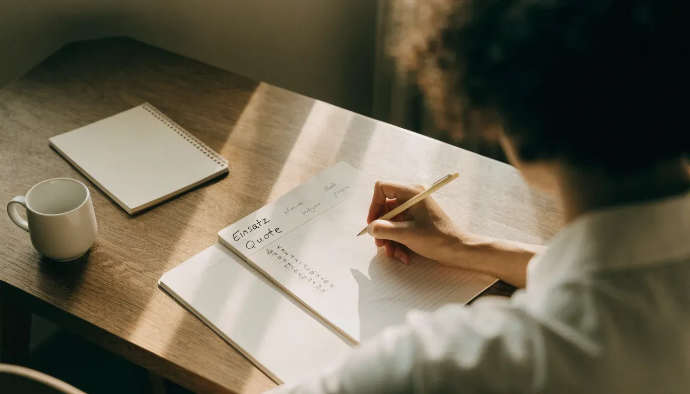 Ein Notizbuch mit handschriftlichen Rechnungen und ein Taschenrechner auf einem Schreibtisch, im Fenster fällt Morgenlicht.