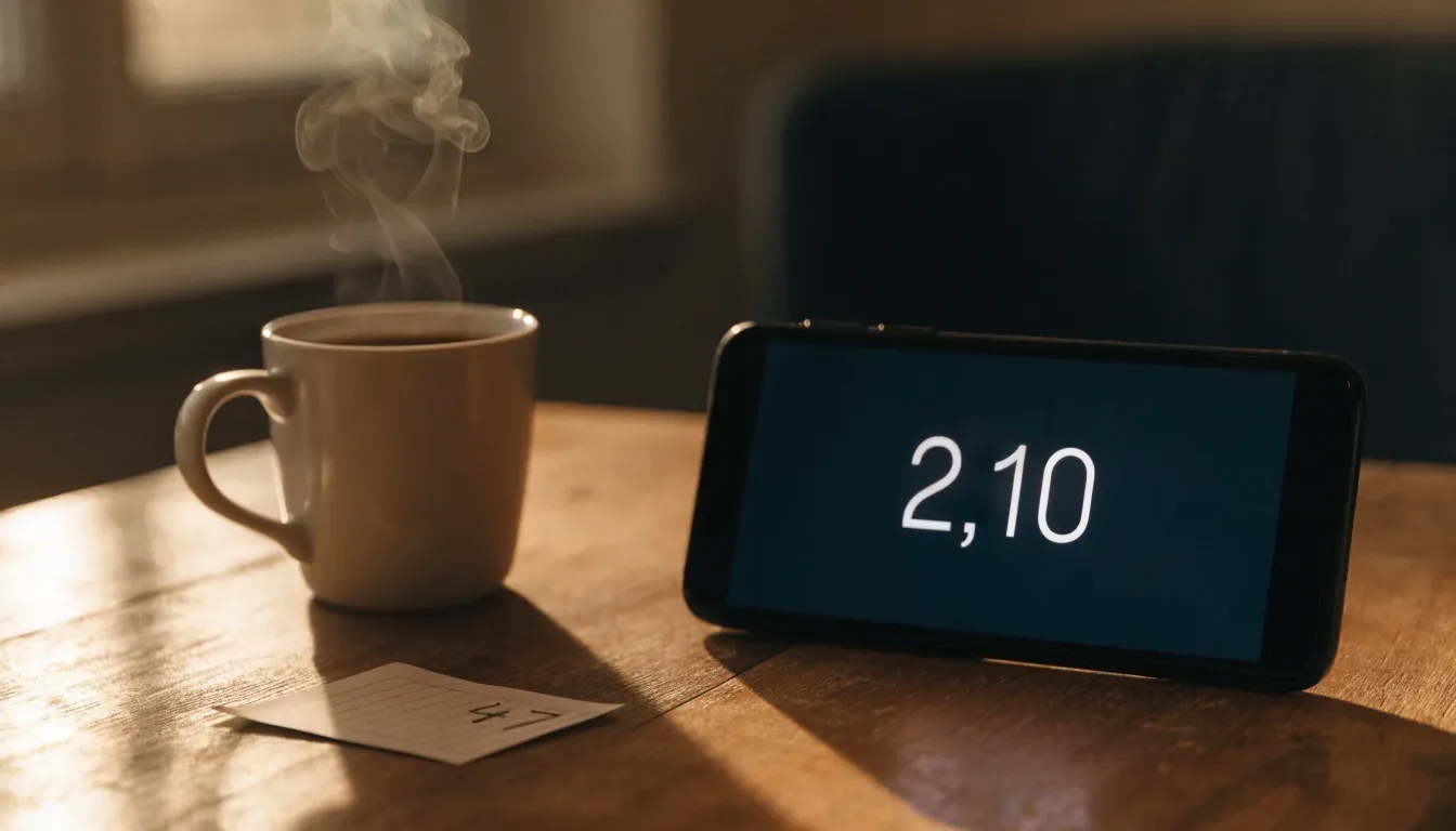 Ein Smartphone mit dunklem Display liegt auf einem Holztisch neben einer Tasse Kaffee, am Fenster fällt Abendlicht.
