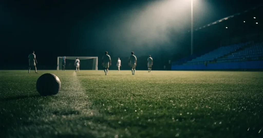 Ein Fußballstadion unter Flutlicht aus großer Entfernung gesehen, davor Felder und eine ruhige Straße in der Dämmerung.